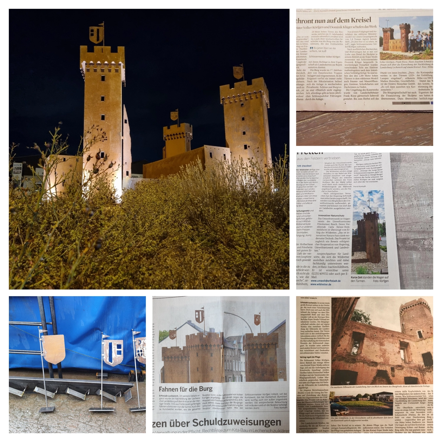Körfgen - Schlosserei - Diese Bildcollage zeigt die Enthüllung einer Skulptur mit dem Titel „Landesburg Lechenich“ an einem Verkehrskreisel in Erftstadt.